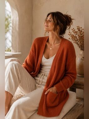 GAP Rust Orange Ribbed Open Front Cardigan Sweater XXL Cozy Duster